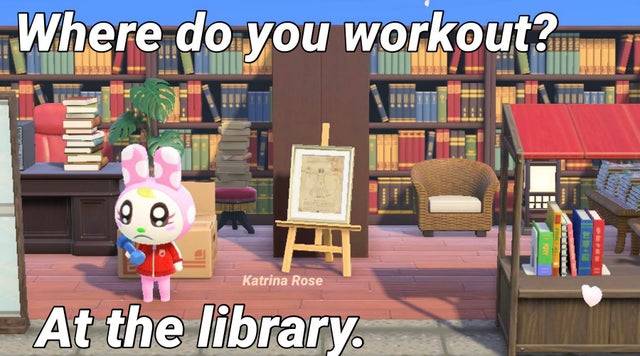 a character working out in a library to save time.