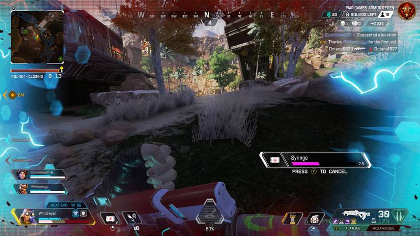 octane player healing with a syringe while shield regenerates