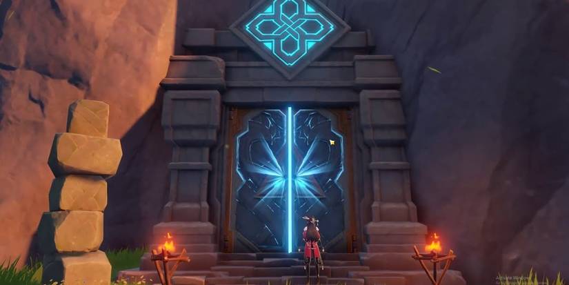 Genshin Impact Ascension Domain Entrance Door Stone Stairway Torches Beidou Pirate Sunset Shadow