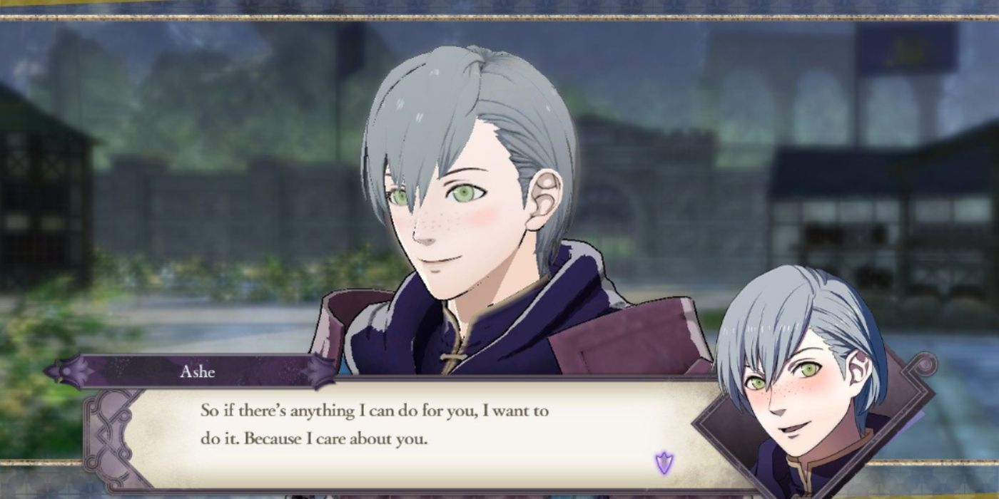 fire emblem ashe smiling looking off to side in front of village