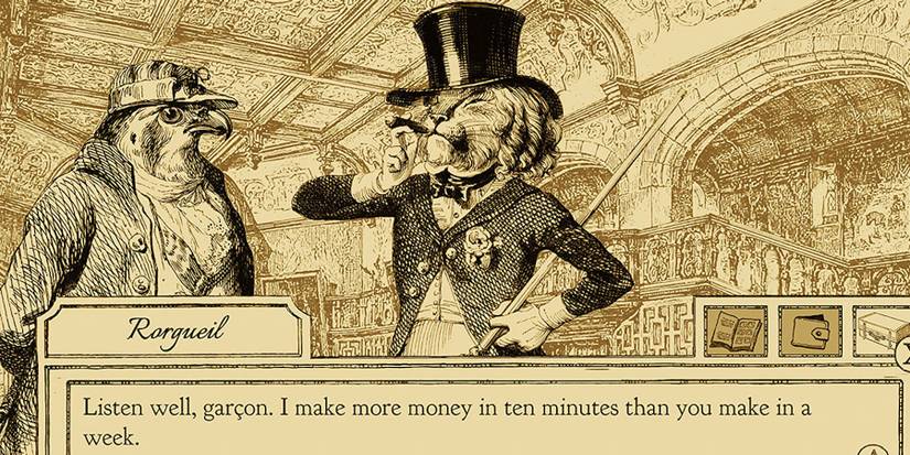 Bird in suit talking to lion in top hat.