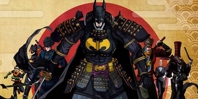 Batman Ninja title image, Batman in the center surroiunded by Robin, Alfred, and other heroes