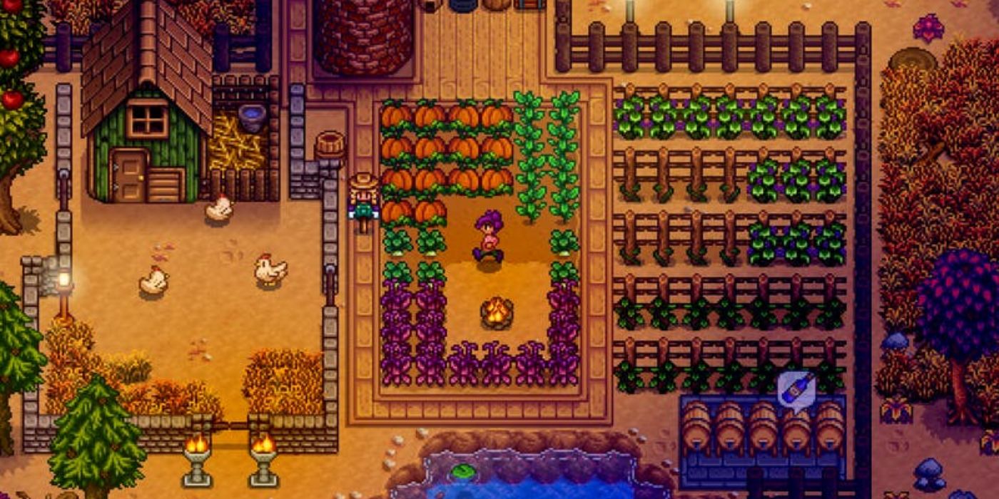 stardew valley beet farm at night above pond next to house
