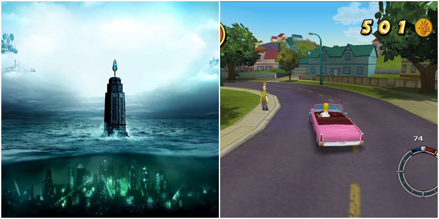 (Left) Lighthouse with Rapture beneath from Bioshock (Right) Homer driving in Simpsons Hit and Run