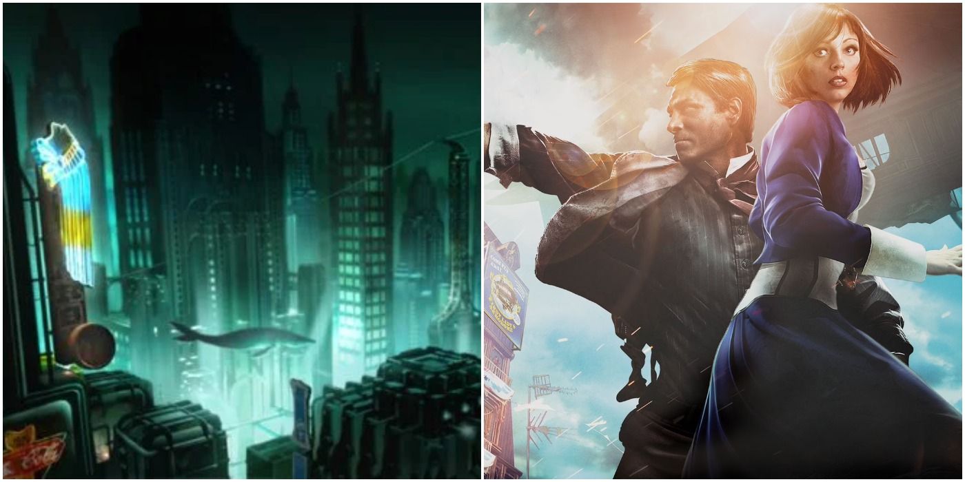 (Left) Rapture from BioShock (Right) Cover art of protagonists from BioShock Infinite