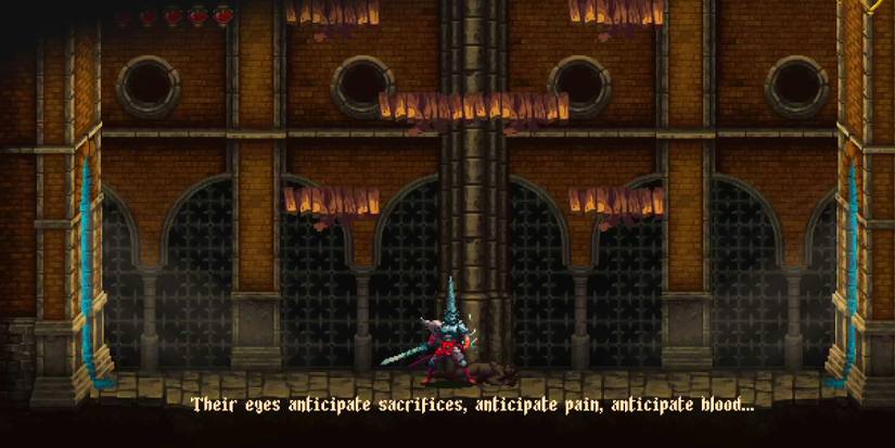 player speaking with a corpse by using a special relic.