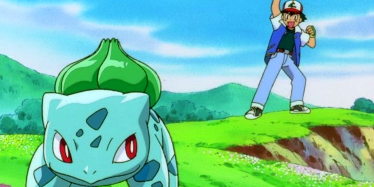 ash sending out bulbasaur in a pokemon battle.
