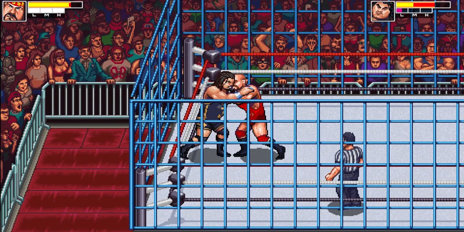 Wrestlers fighting in a cage