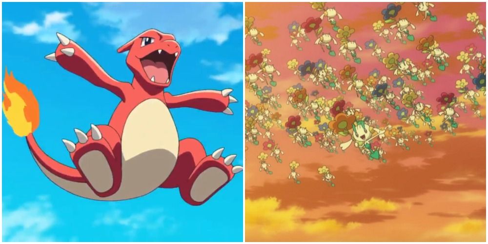 Charmeleon (left) and several Floette (right) in the Pokemon anime