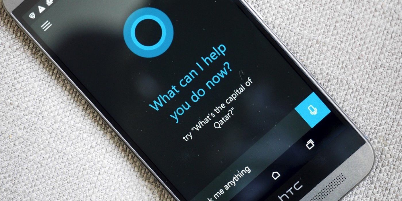 Photo of a HTC phone showing Cortana on screen.