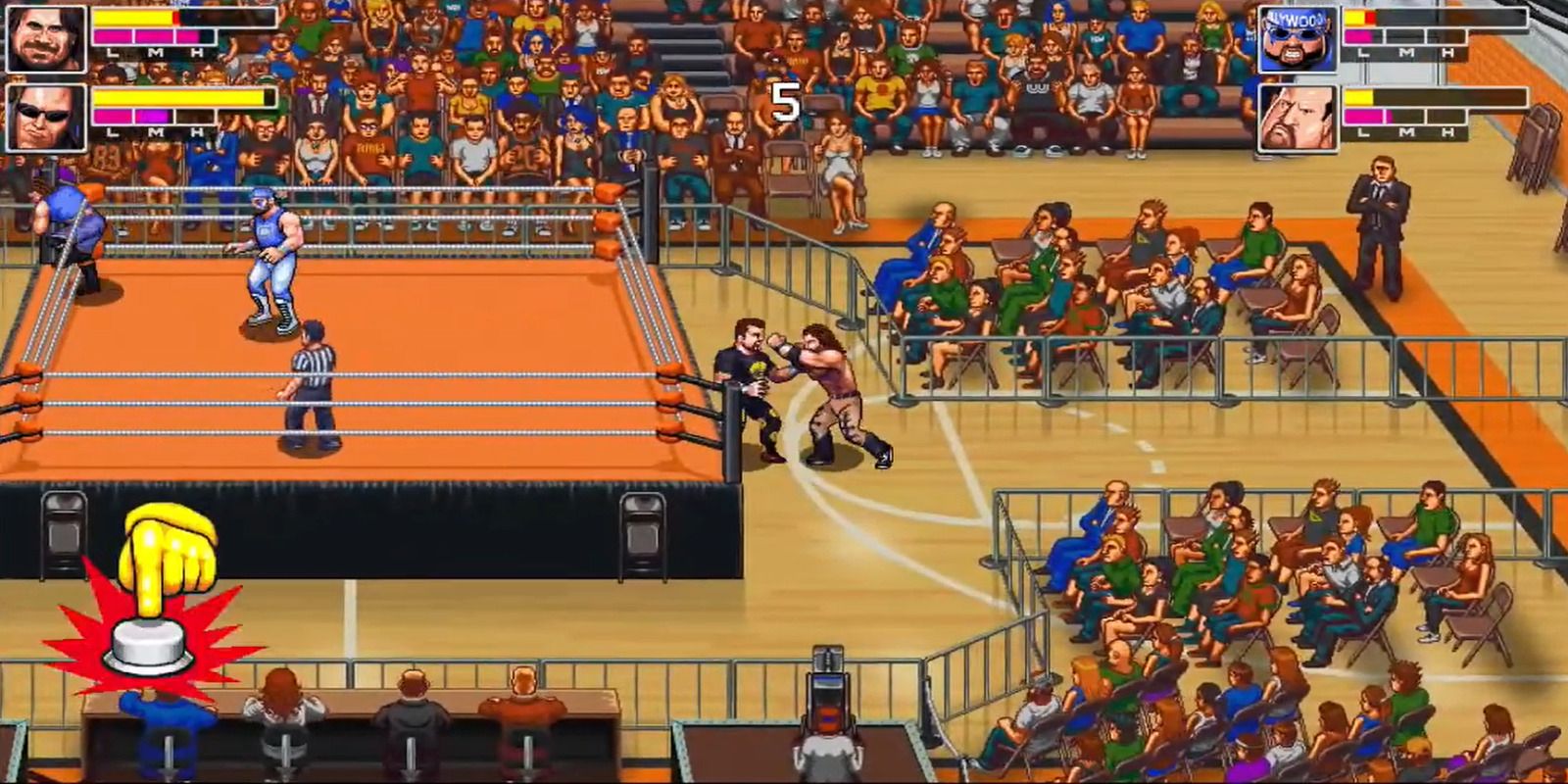 Wrestlers fighting outside of the ring as referee count the out