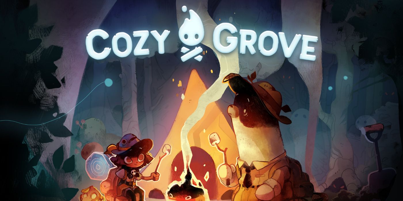 Cozy Grove main character sitting at a campfire with animals and ghosts