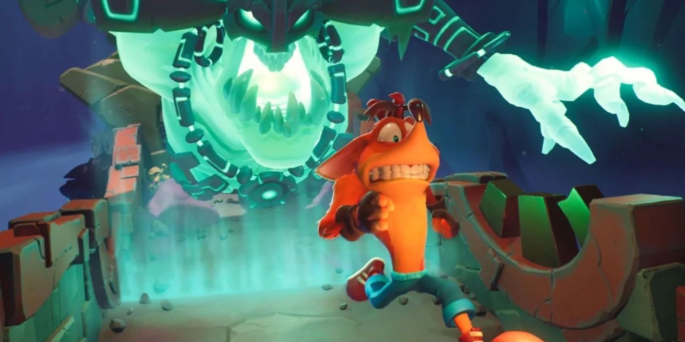 crash bandicoot 4 gameplay screenshot of crash running away from large chasing enemy