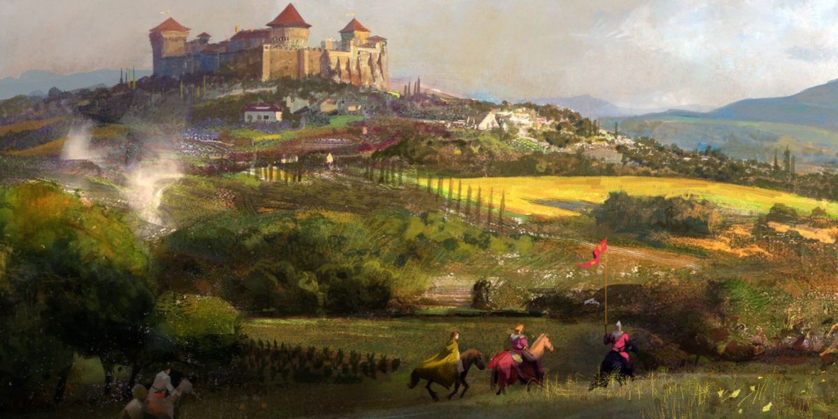 painting of a field and castle.
