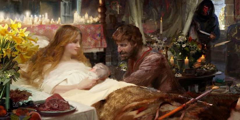 painting of two characters with a newborn baby and a sneaky person in the background.