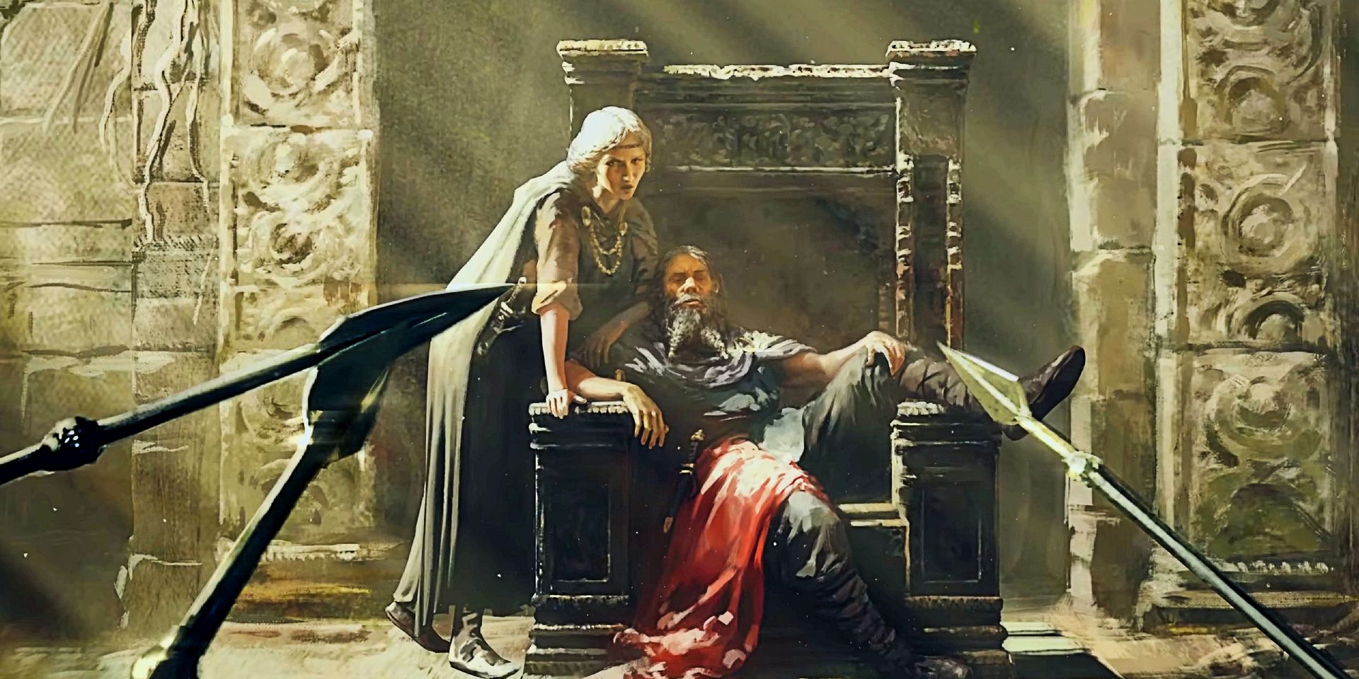 painting of a lord on his throne with a lady.