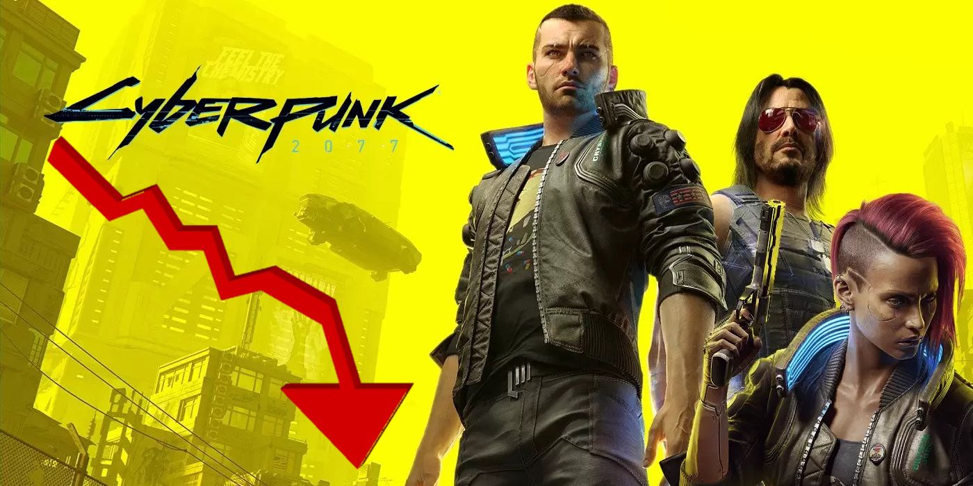 Cover art for Cyberpunk 2077 showing a red stock market arrow pointing down.