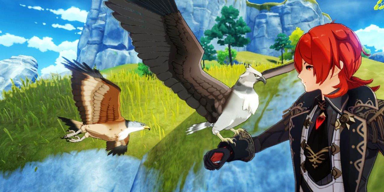 Genshin Impact Diluc Falcons Arm Idle Animation Mountain
