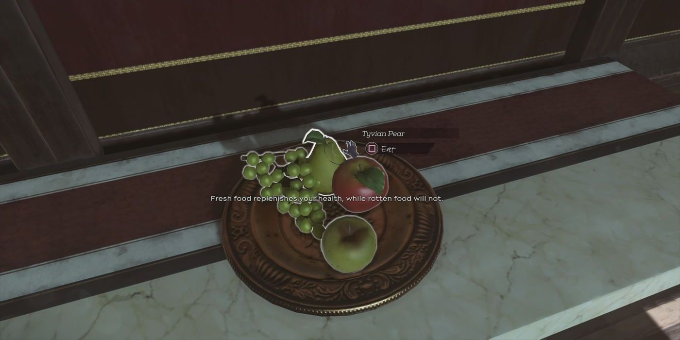 Dishonored 2 Player смотрит на тарелку с едой