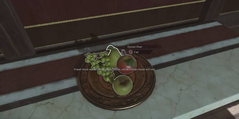 Dishonored 2 Player looking at plate of food