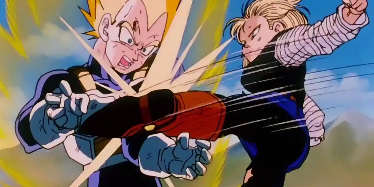 Android 18 breaking Vegeta's arm in Dragon Ball Z