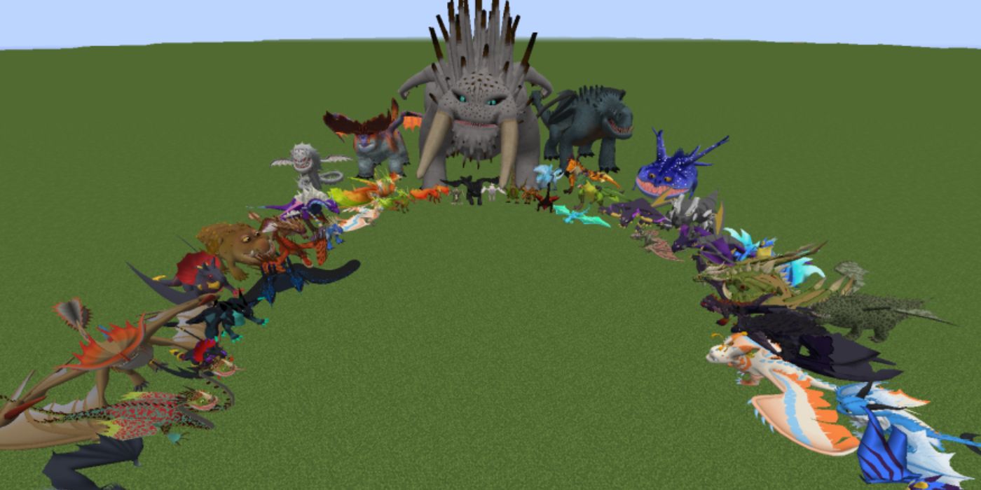 field of grass with all the dragons in the mod sitting in it