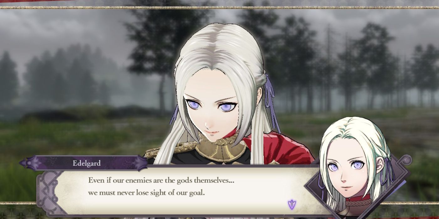 fire emblem edelgard looking down shyly in front of valley of trees