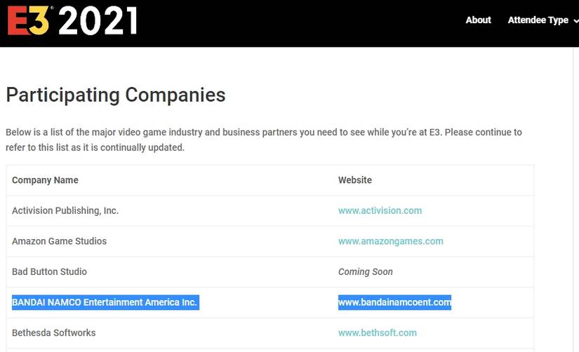bandai namco e3 2021 participatin companies