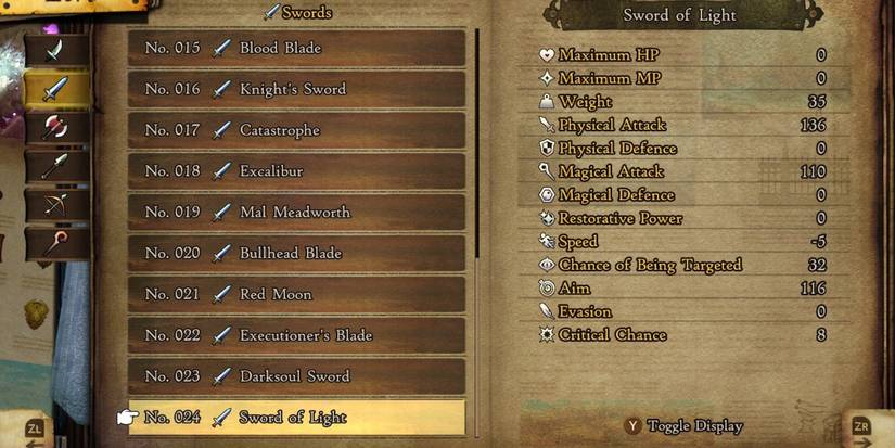 weapons list in menu