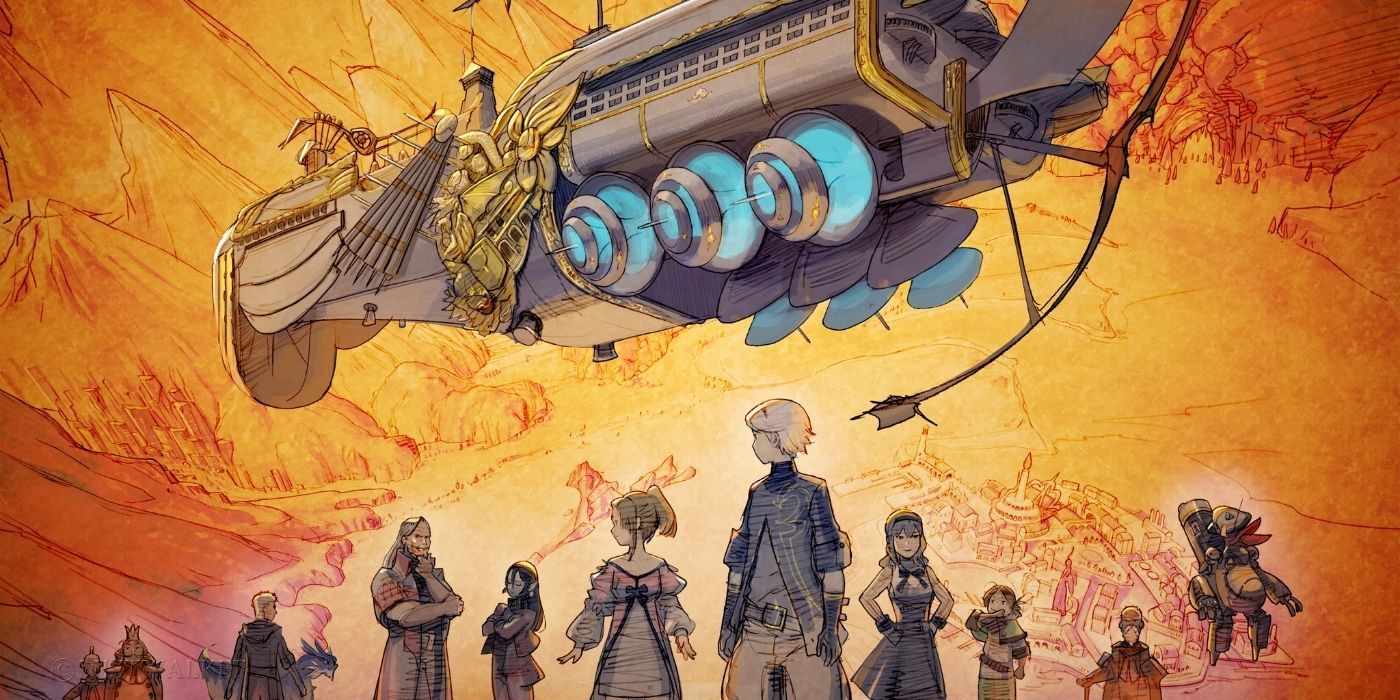 drawing of several people and a airship