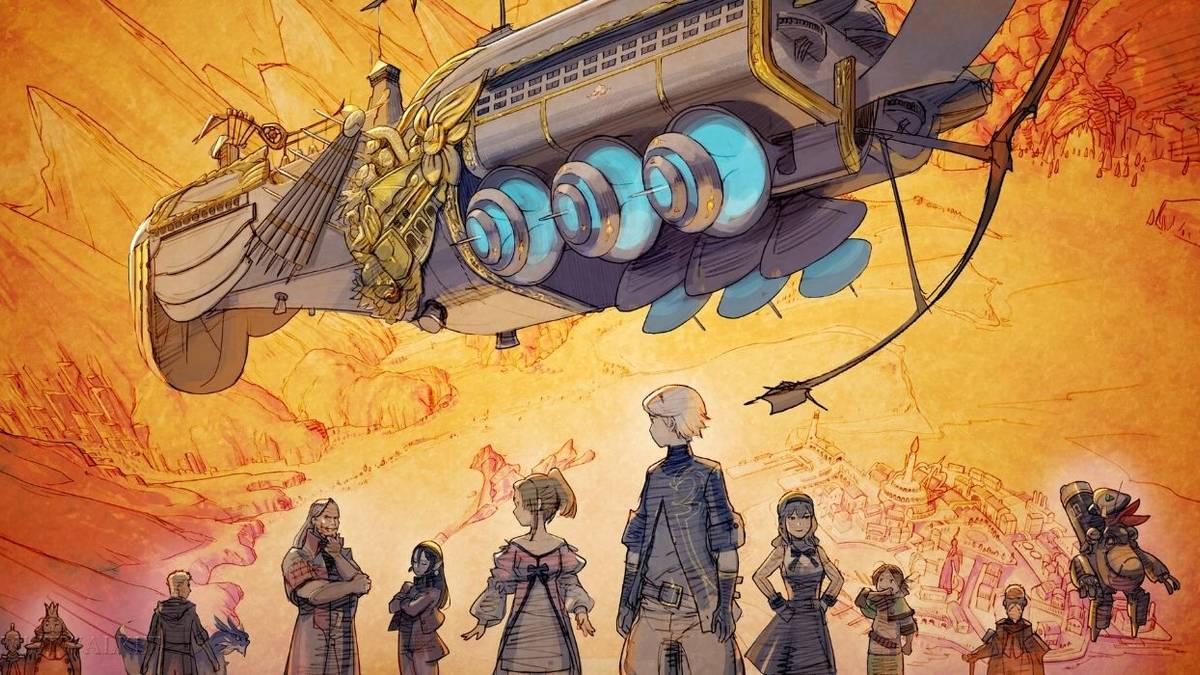 drawing of several people and a airship