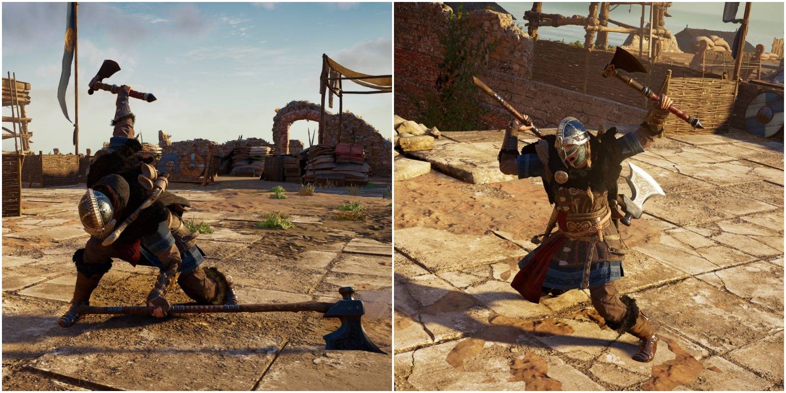 eivor using the different attacks of the bearded axe.