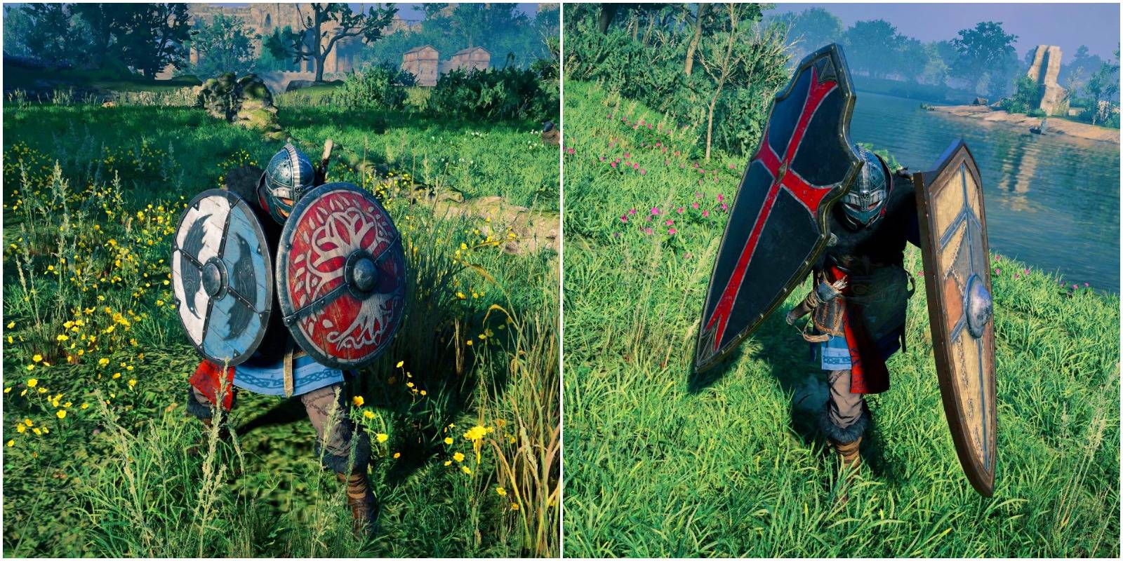 eivor dual wielding light shields and heavy shields.