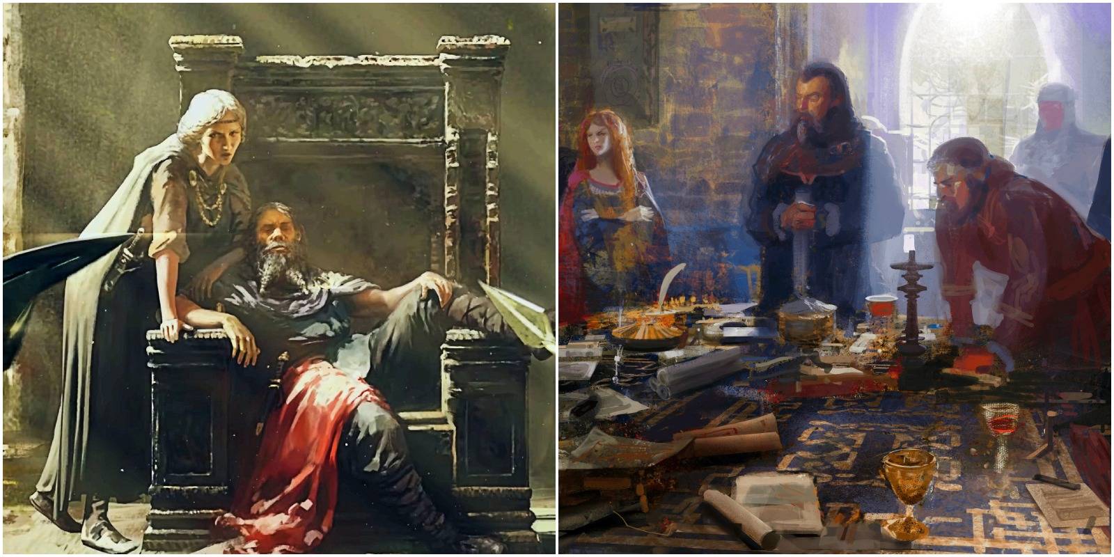 artwork of a noble couple and a council meeting.