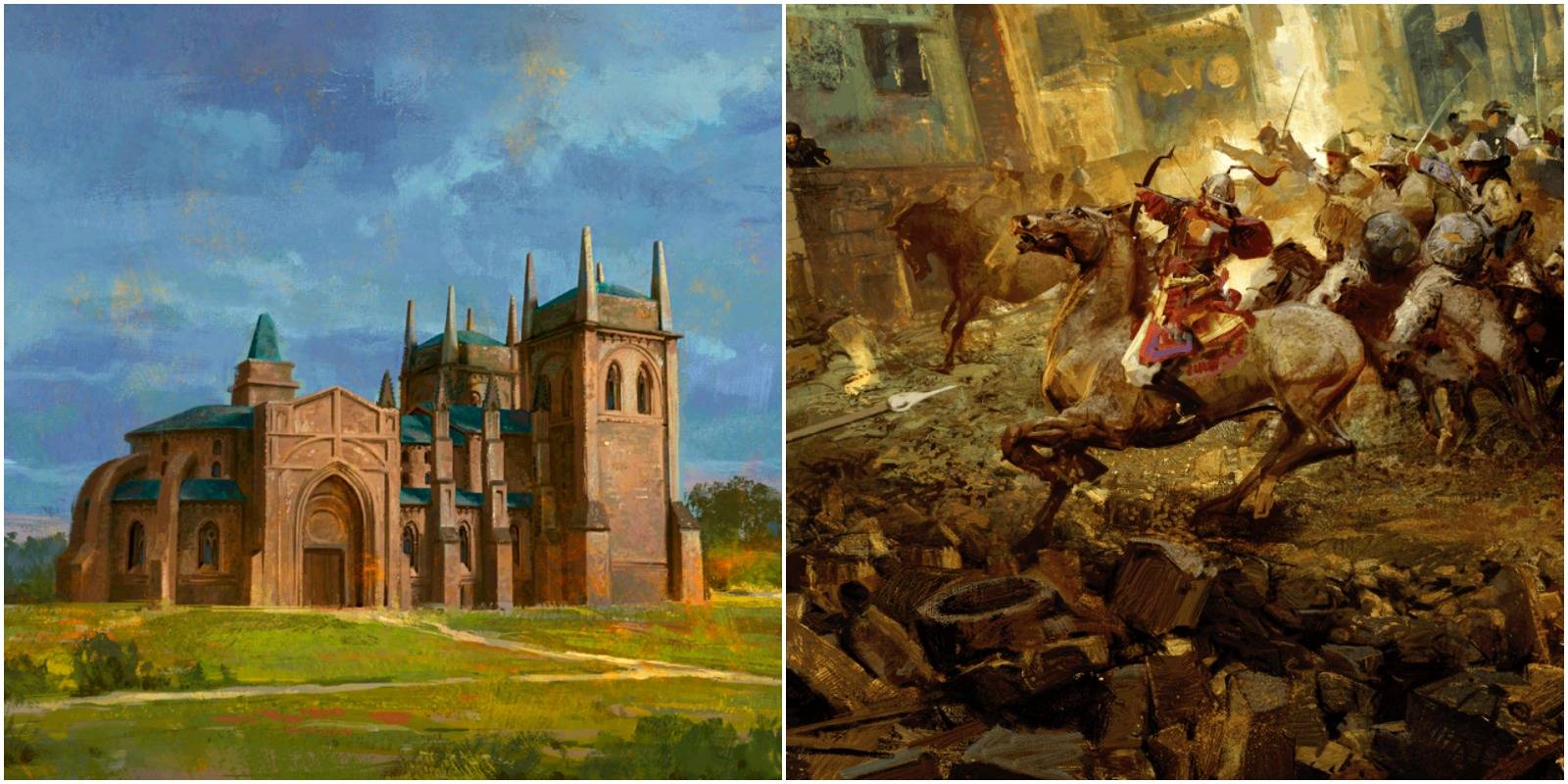 loading screen art of a christian temple and a war.