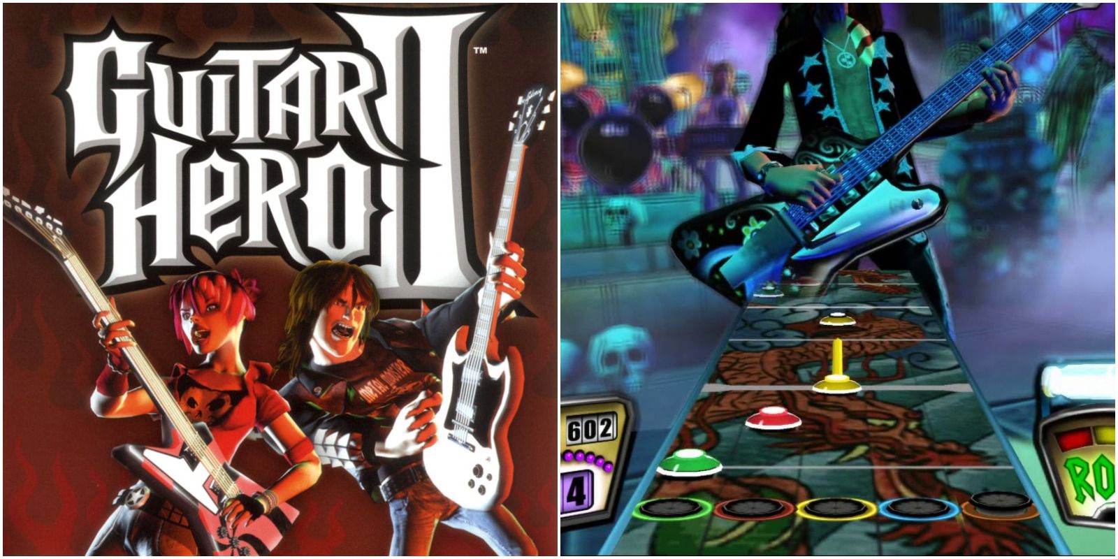 the game's cover art with 2 people player guitar and in game footage.