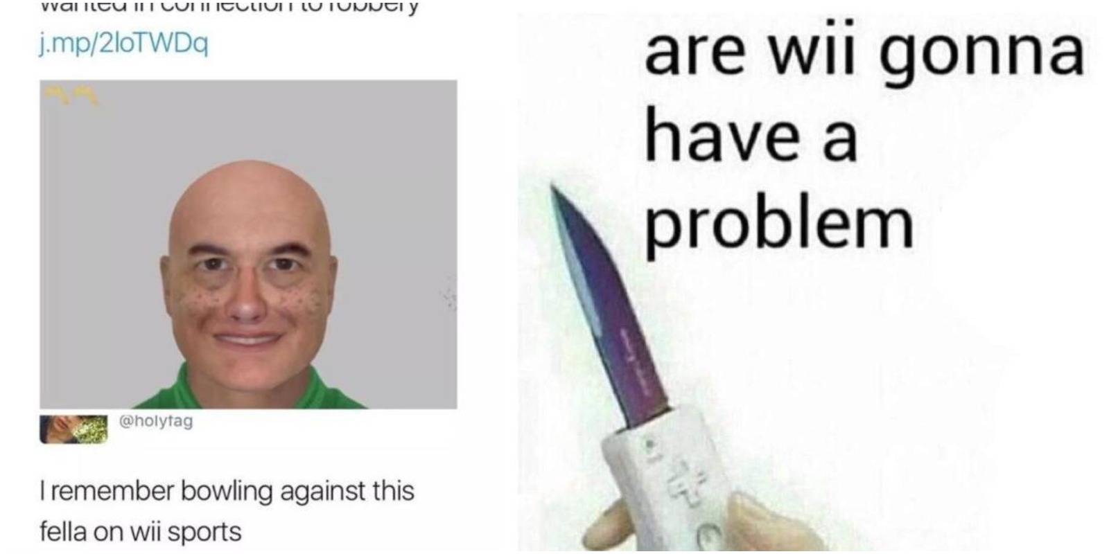 criminal artist impression that looks like a mii and a wiimote with a fake knife.