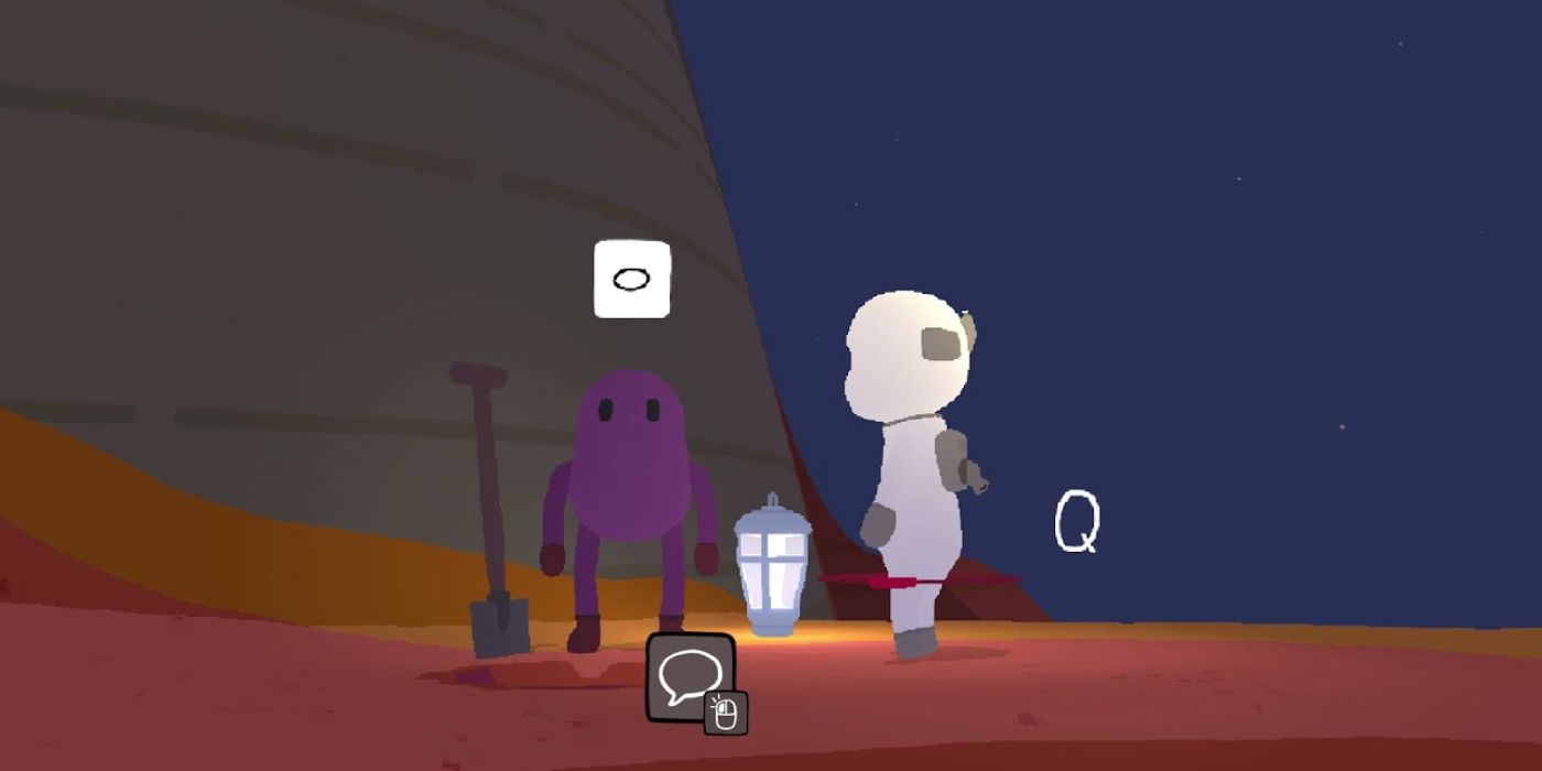 astronaut talking to purple character