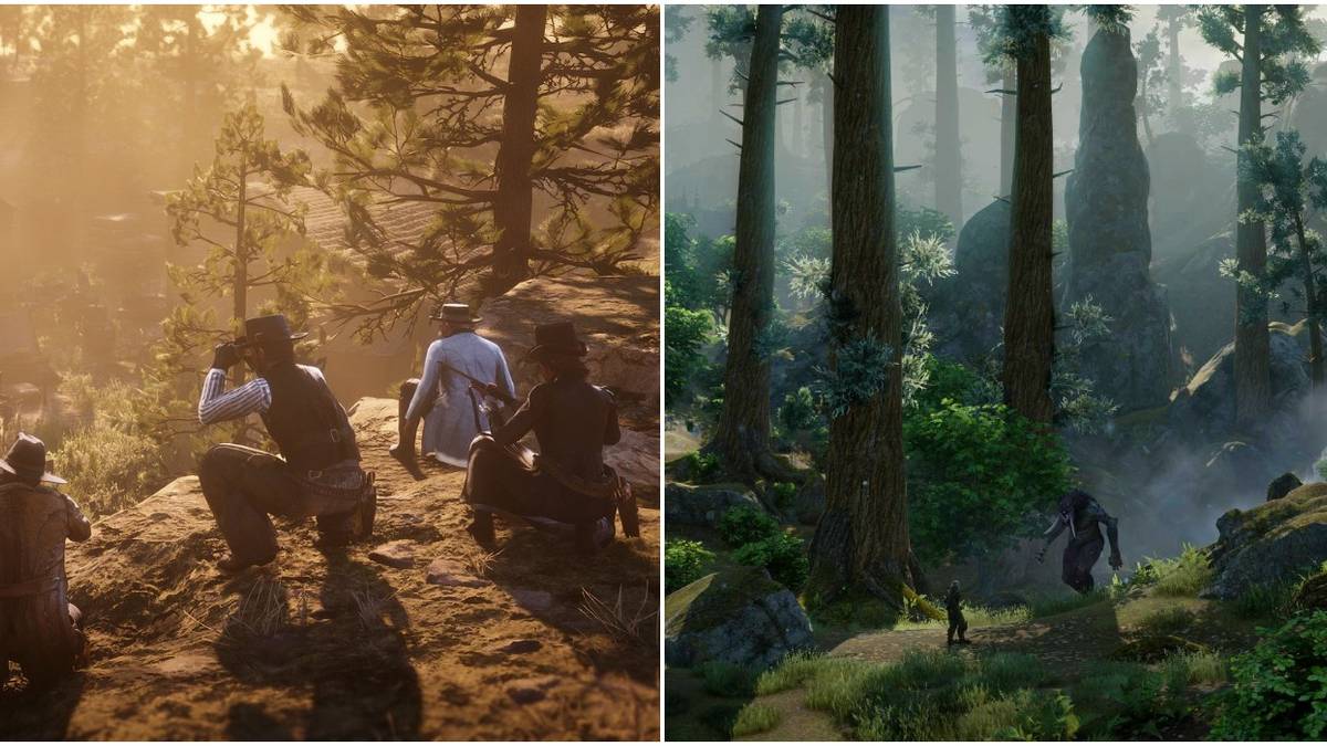 (Left) People crouching by trees (Right) People walking through trees