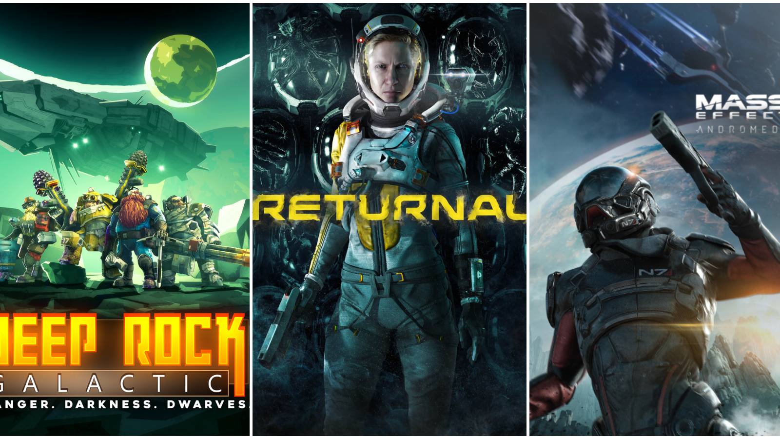 Cover art for Deep Rock Galactic, Returnal, and Mass Effect Andromeda