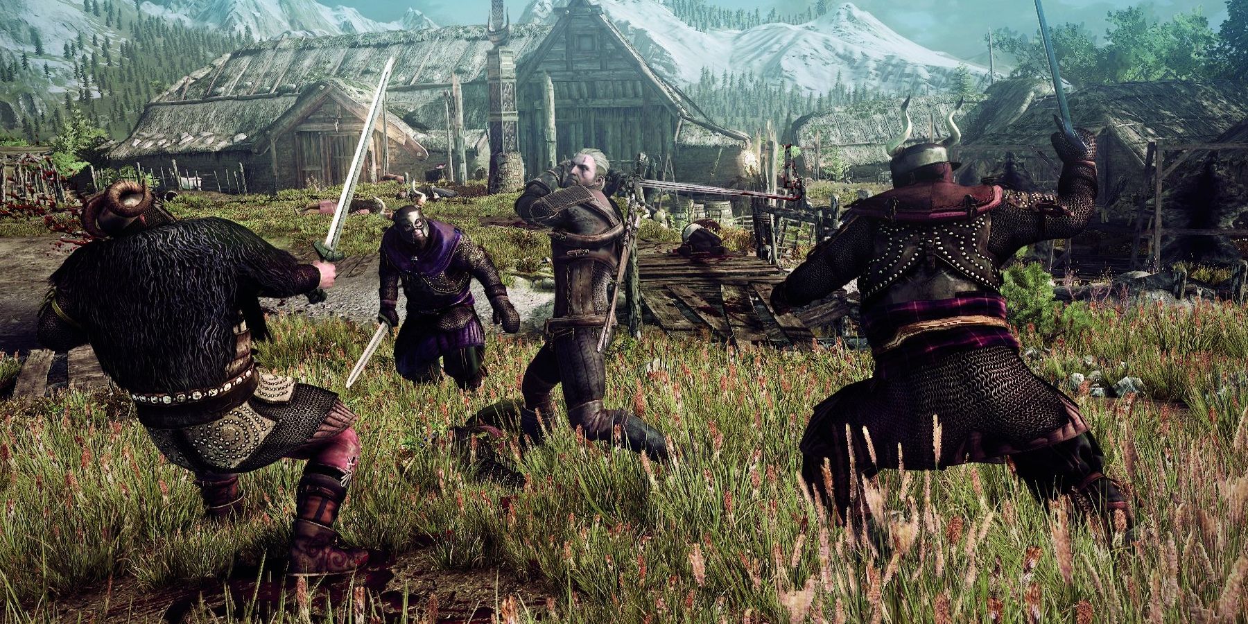 Geralt fighting a group of humans in a field.