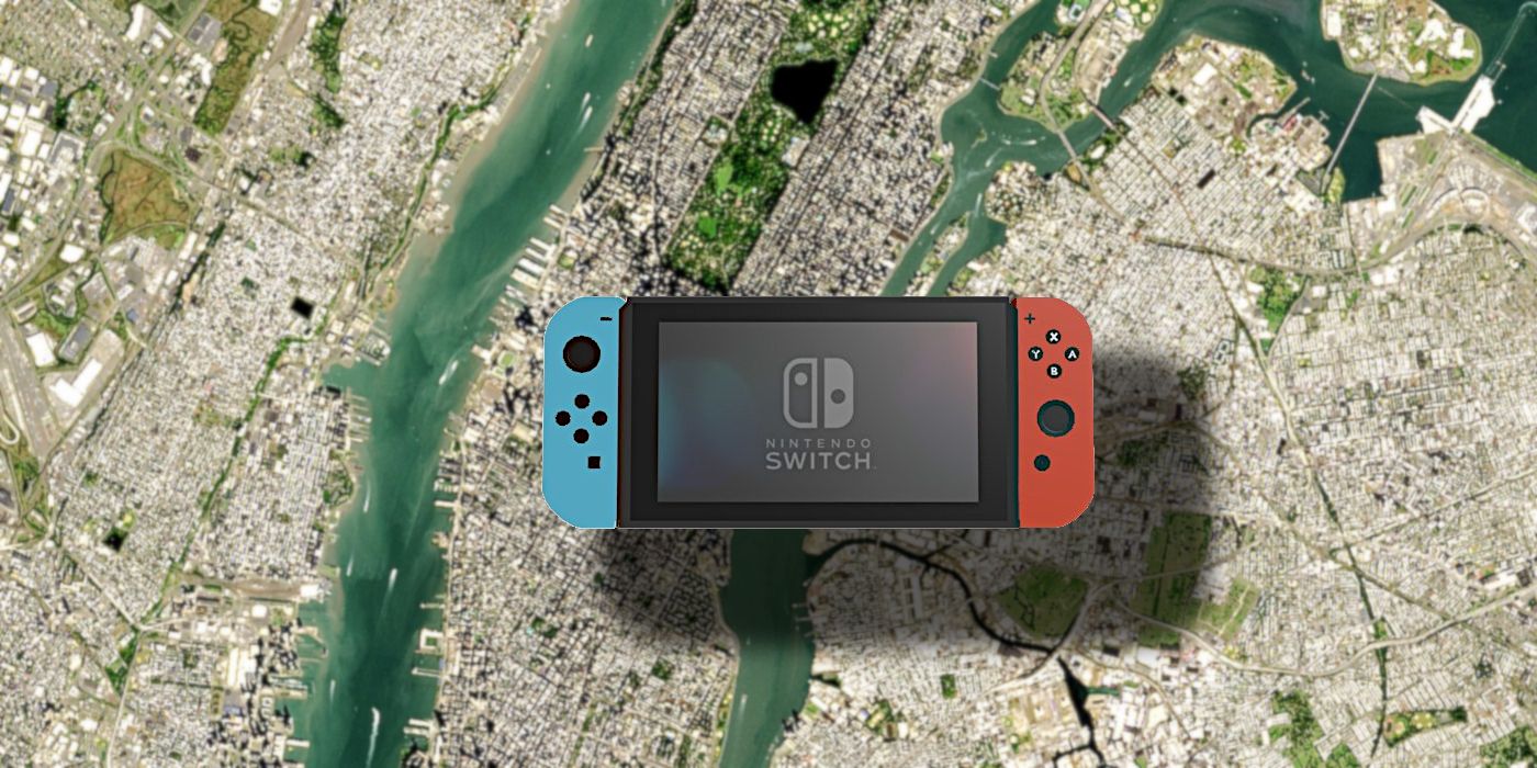 Composite image showing a giant Nintendo Switch above a city.