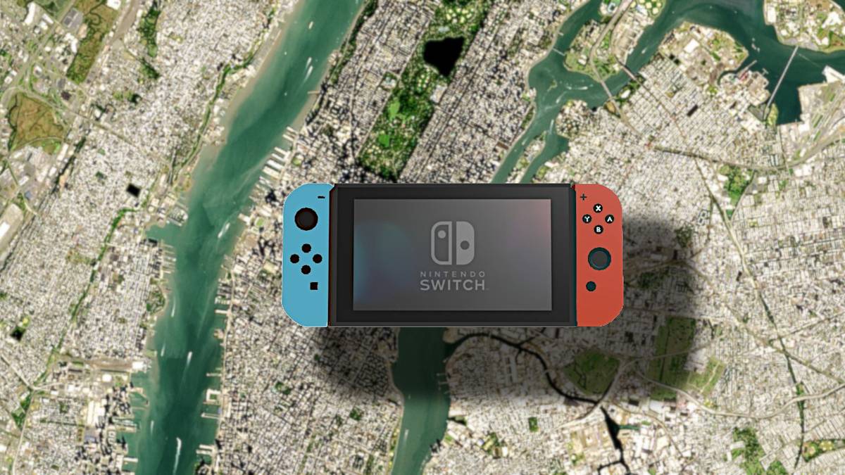 Composite image showing a giant Nintendo Switch above a city.