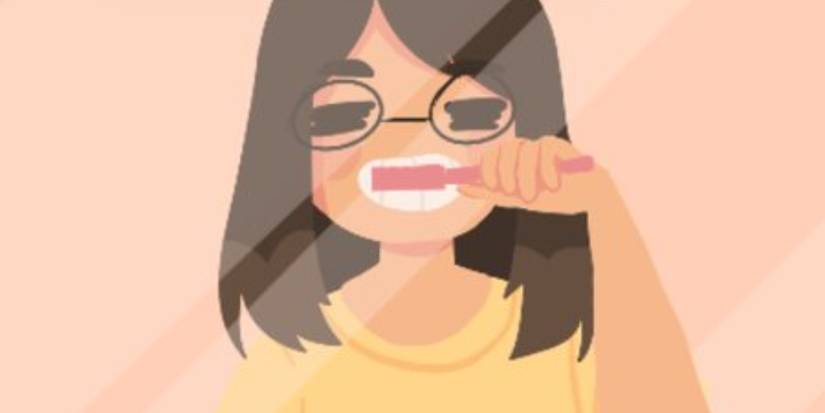 girl with glasses and yellow shirt brushing teeth in mirror