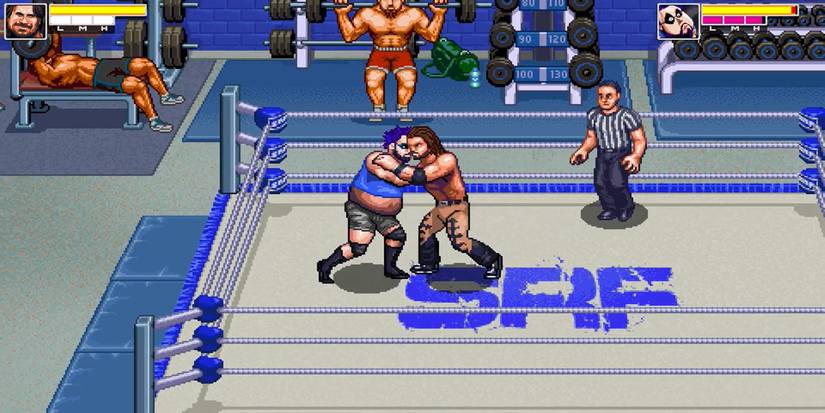 Two wrestlers grappling