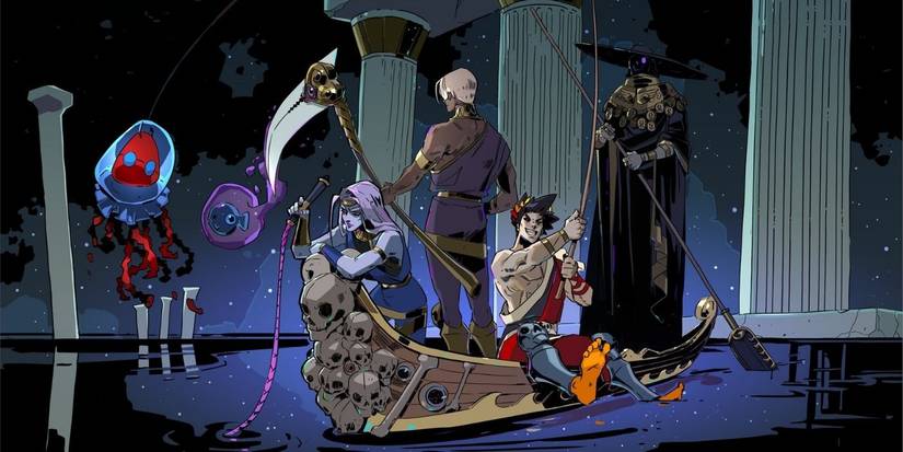 hades art of sevearl characters fishing on a boat