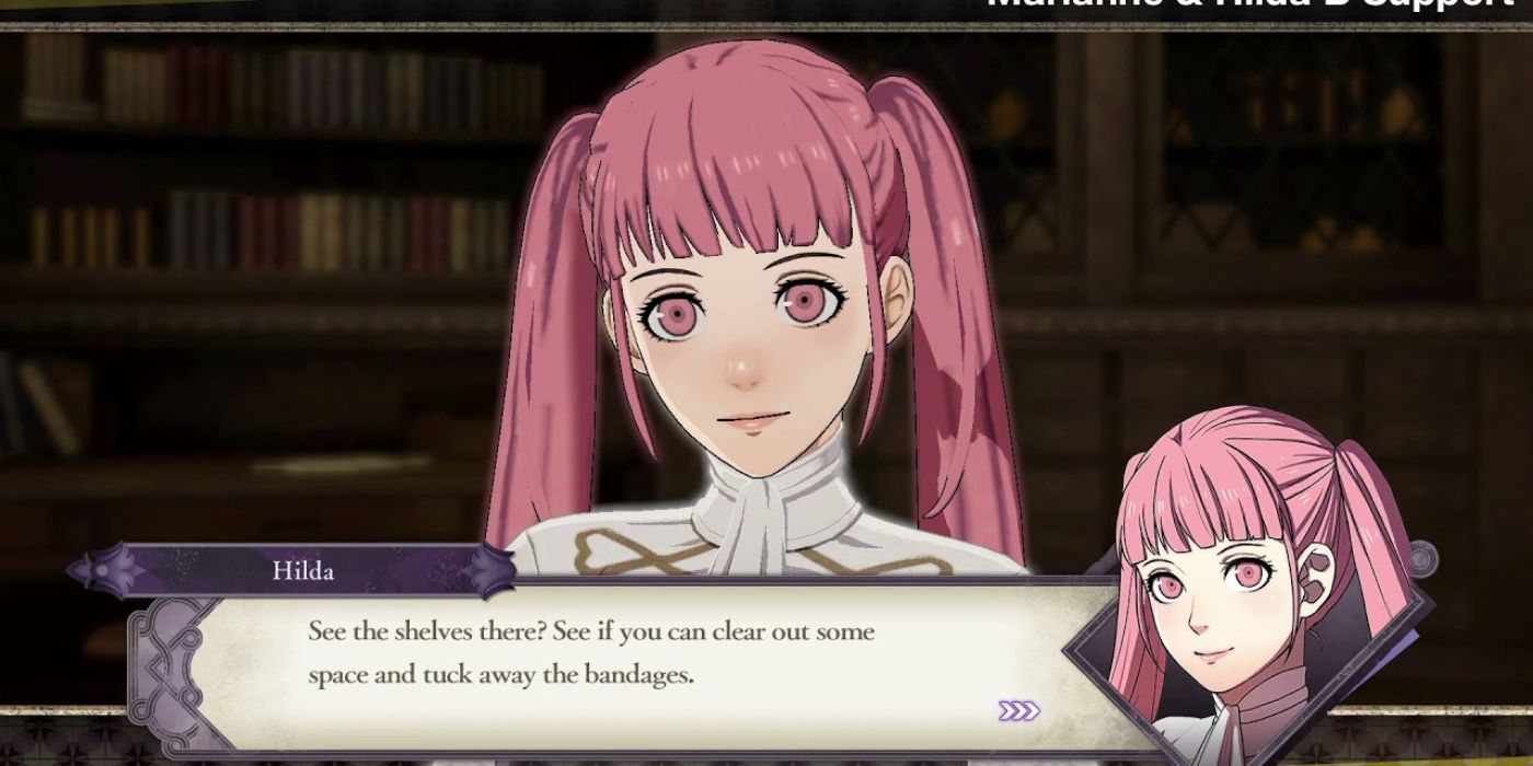 fire emblem hilda looking at camera in library