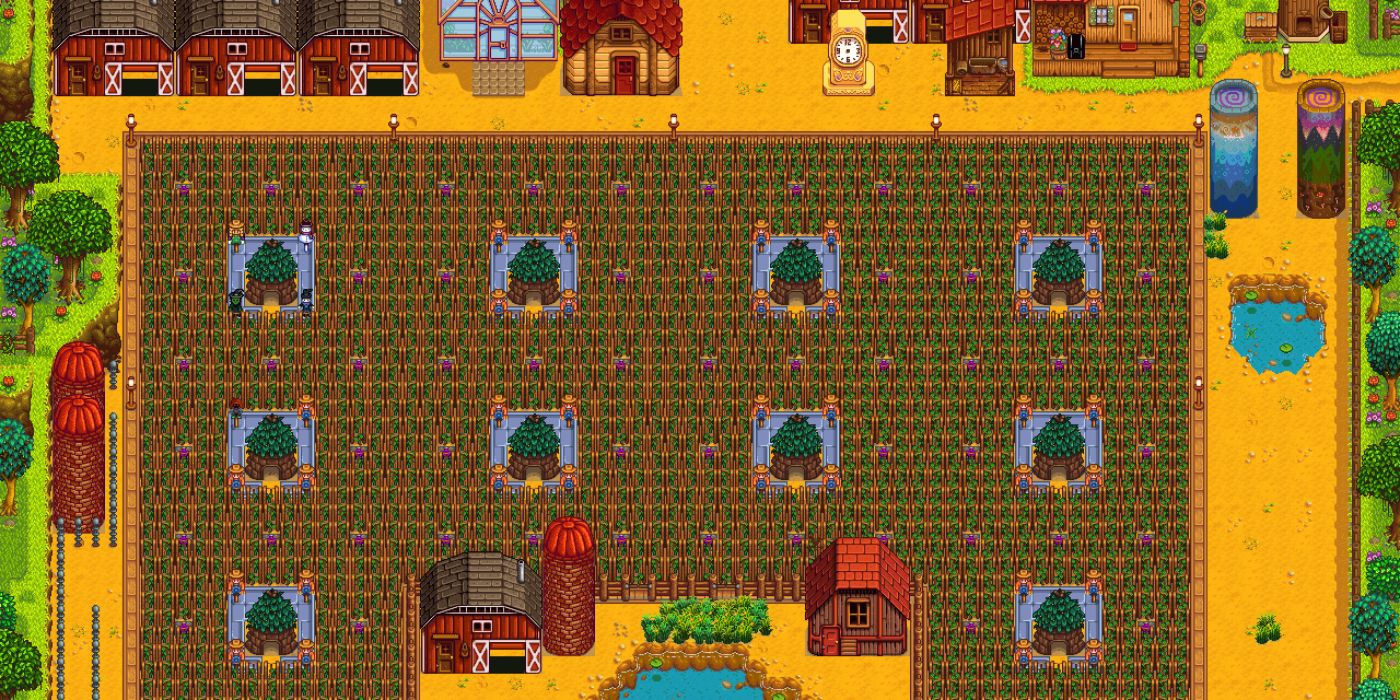 stardew giant hops farm with little huts between them