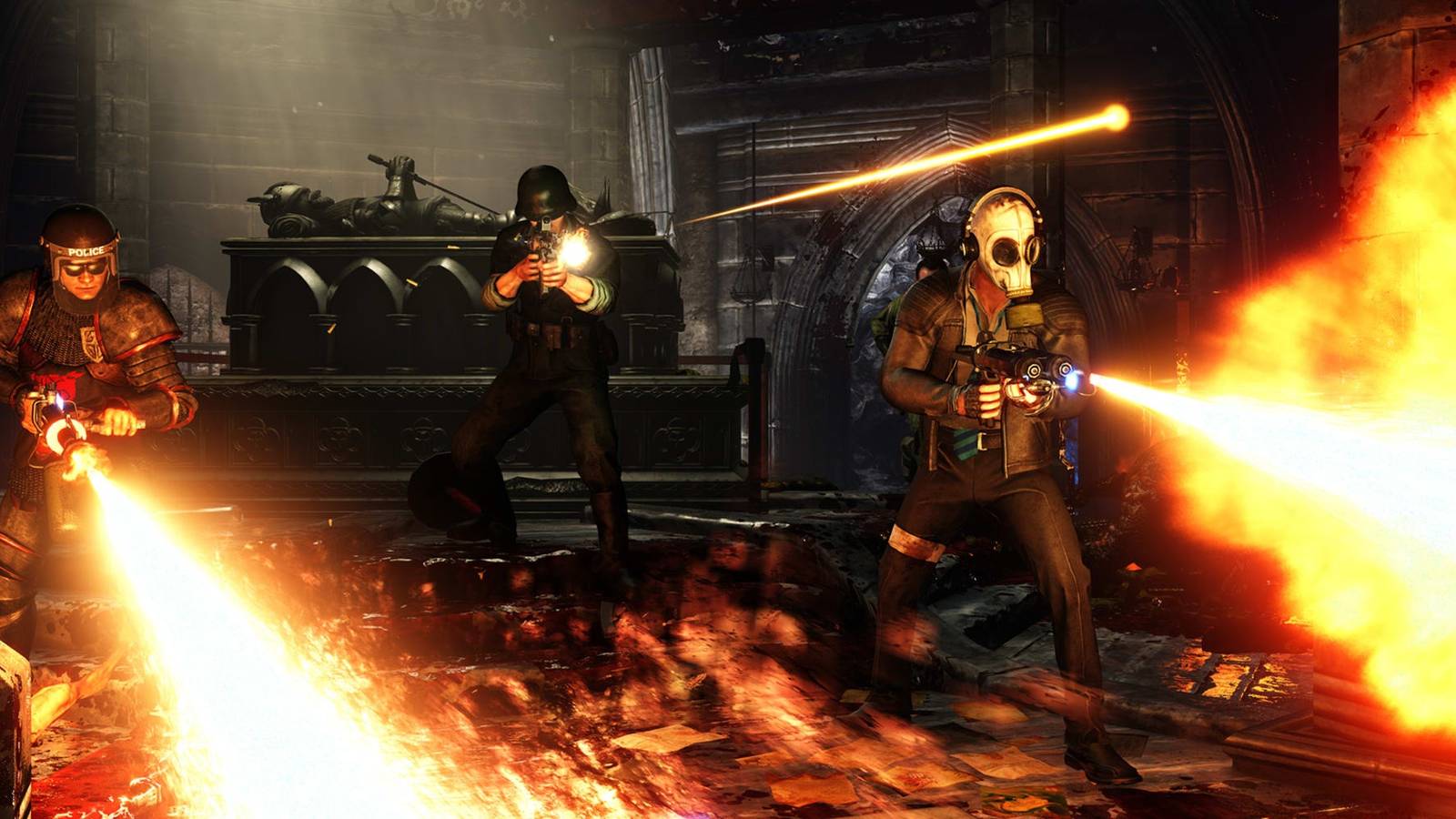 three characters firing weapons