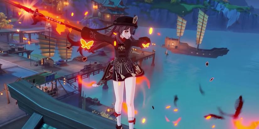 genshin impact hu tao polearm pyro fire butterfly attack rooftop